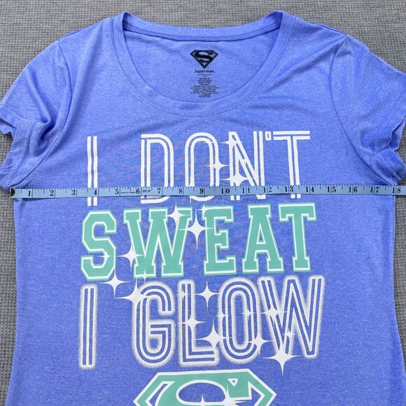 Superman Womens XL Athletic Tee Shirt "I Dont Sweat I Glow" Blue Graphic Print - Picture 8 of 11